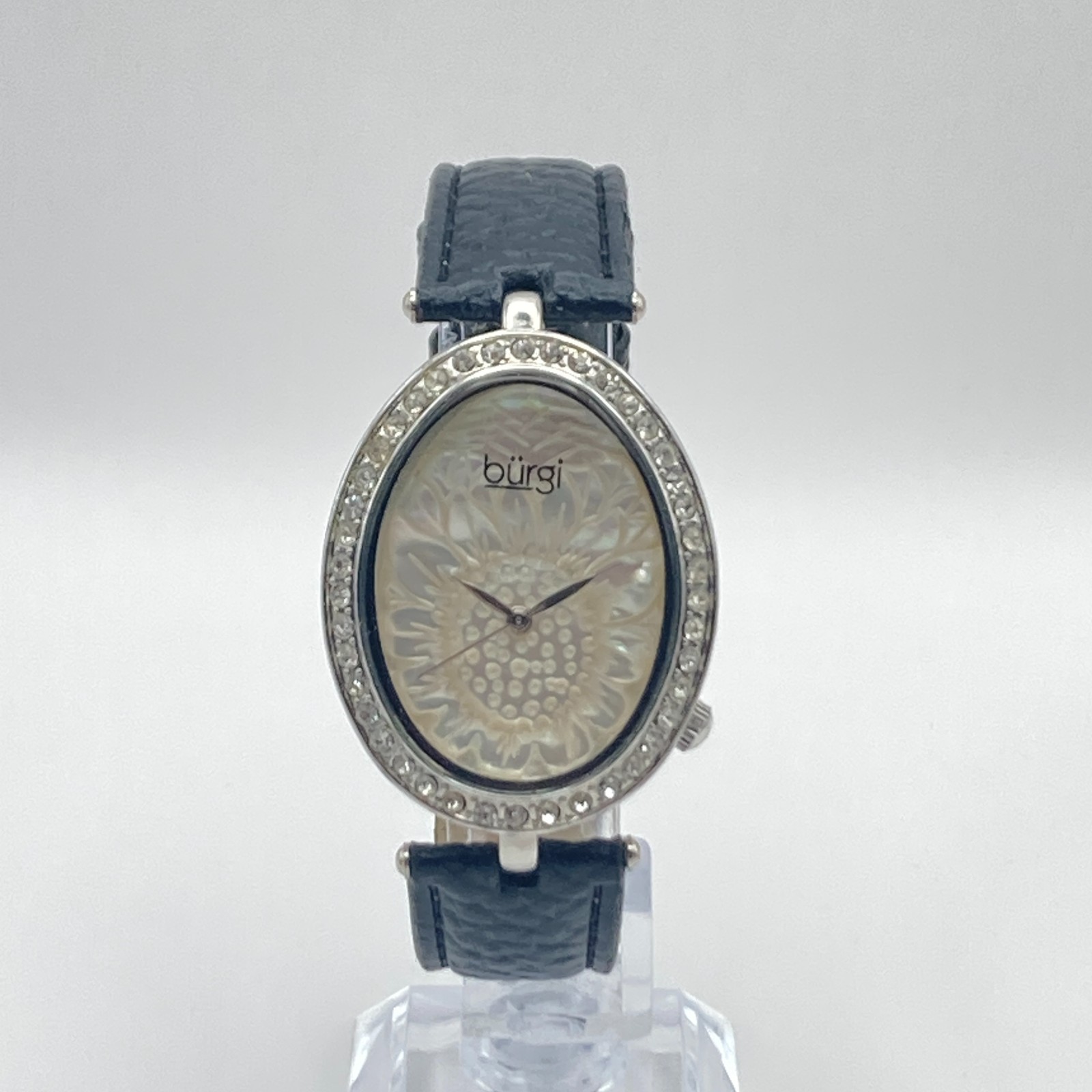 Burgi Women’s Watch Silver Tone Crystals Floral Dial 33mm Oval New Battery 8.75″