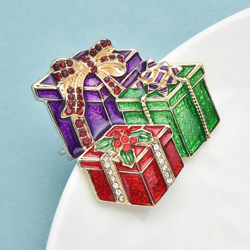 Christmas Gift Box Brooch Pin – Crystal Rhinestone Christmas Winter Holiday Gift