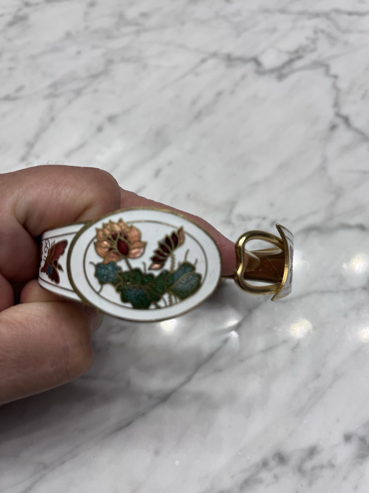 Vintage Butterfly Cloisonné Hinged Clamper Bracelet White Blue Floral 7.5”