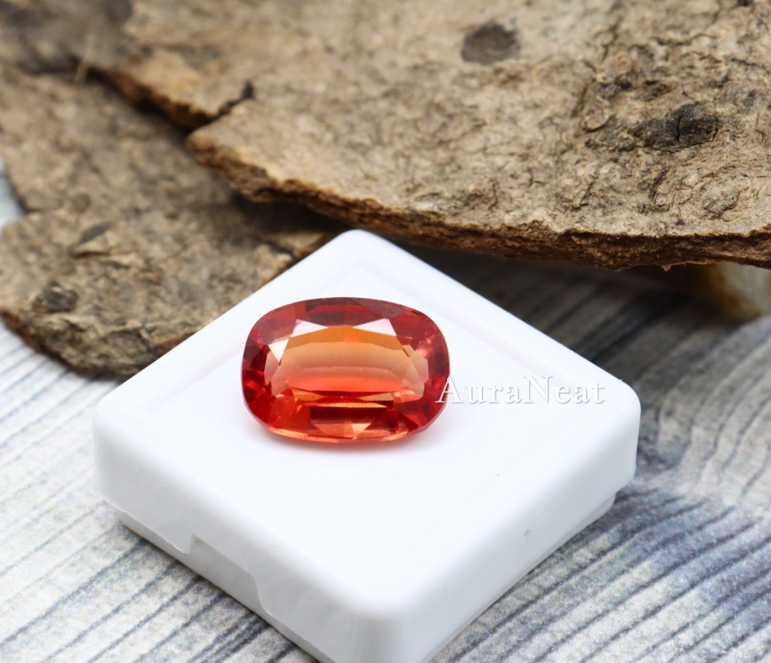 Natural 10.45 Ct Orange Sapphire | Cushion Faceted Loose Gemstone 14 x10 x6 mm