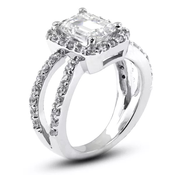 Side Stone Engagement Ring Platinum Halo 3.51 CT Emerald Lab-Grown Diamond F SI1