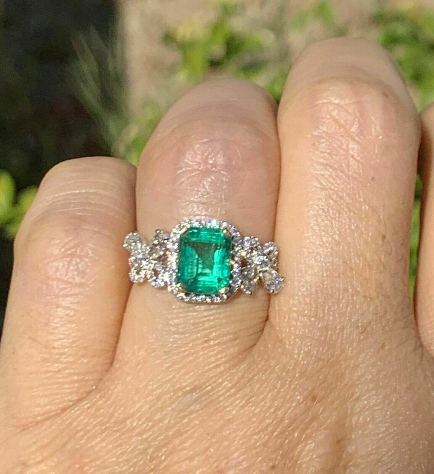 3.08 Ct Emerald Cut Natural Emerald Diamond Wedding Ring 14K White Gold Size 7