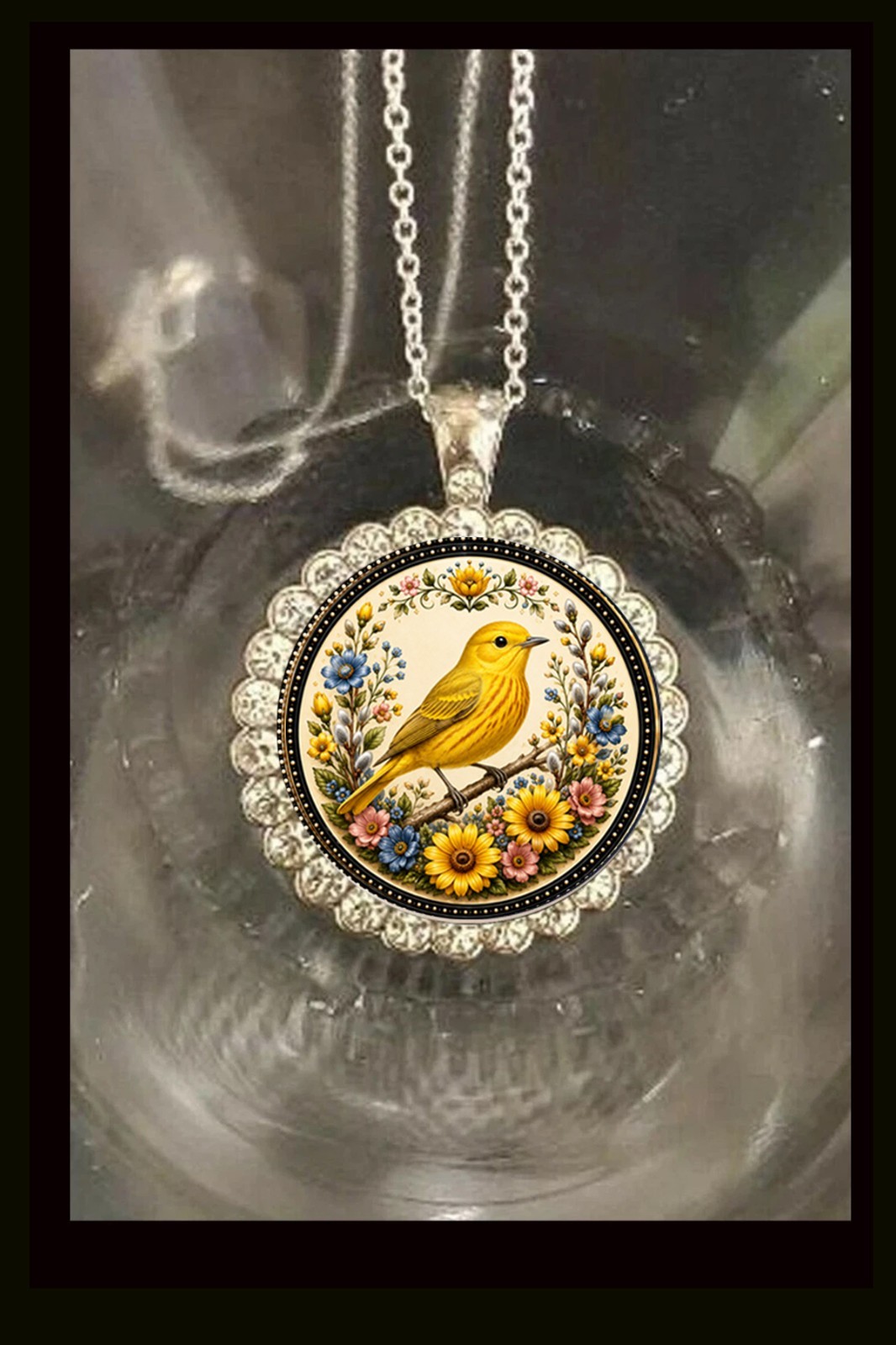 Yellow Warbler Bird folk art 925 Silver Necklace Great Gift Box Rhinestones