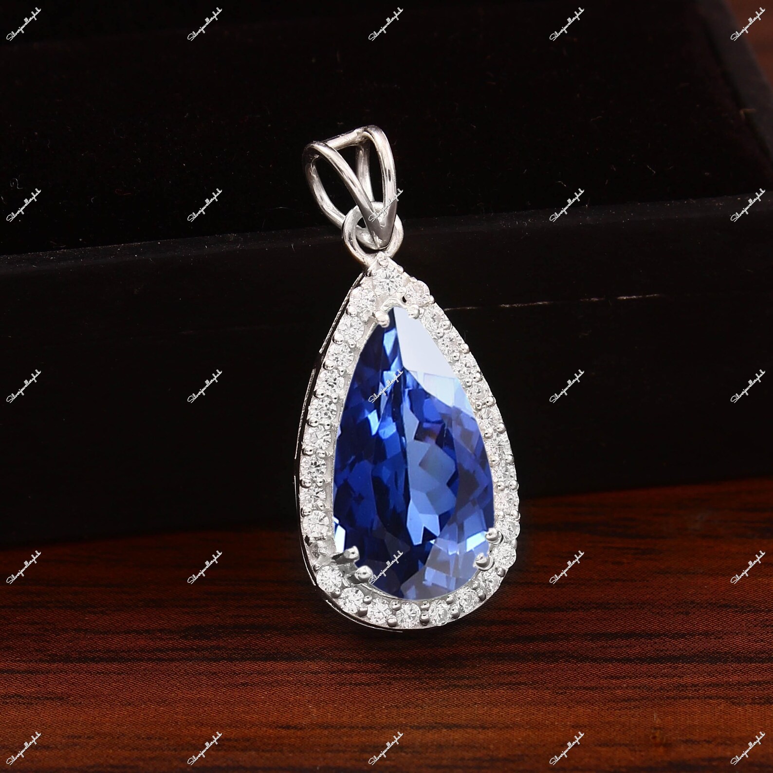 Ceylon Blue Sapphire Pear Pendant 925 Sterling Silver Halo Wedding Gift Necklace