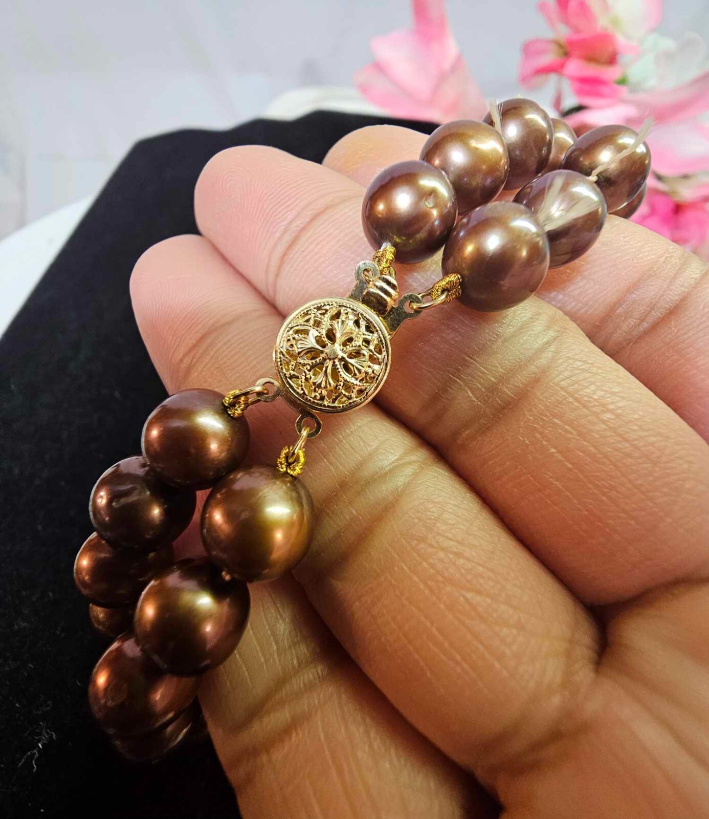 Marked 14K Flower Clasp Double Strand Bracelet w/ Brown Pearl 8.25in”- S37