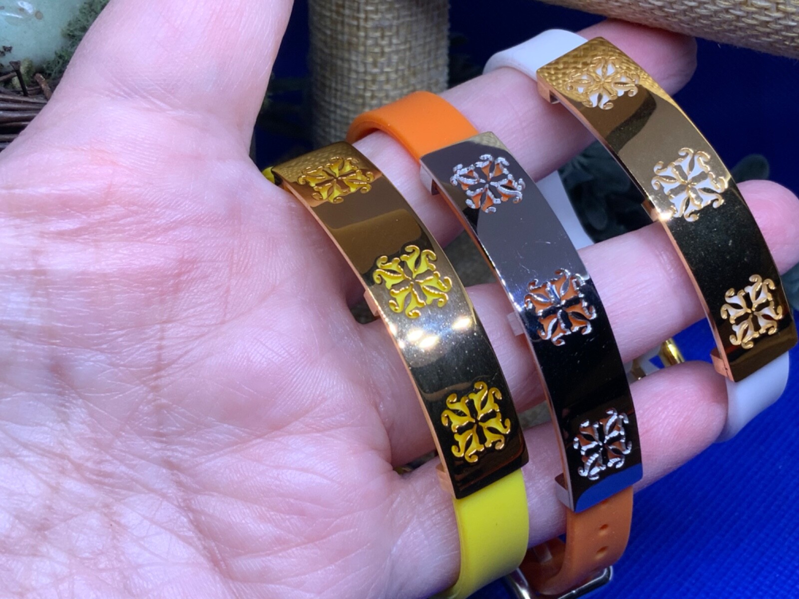 Rustic Cuff set 3 bracelets white, yellow, & orange 🐣🐇 w/ gold logo WITH BAG!