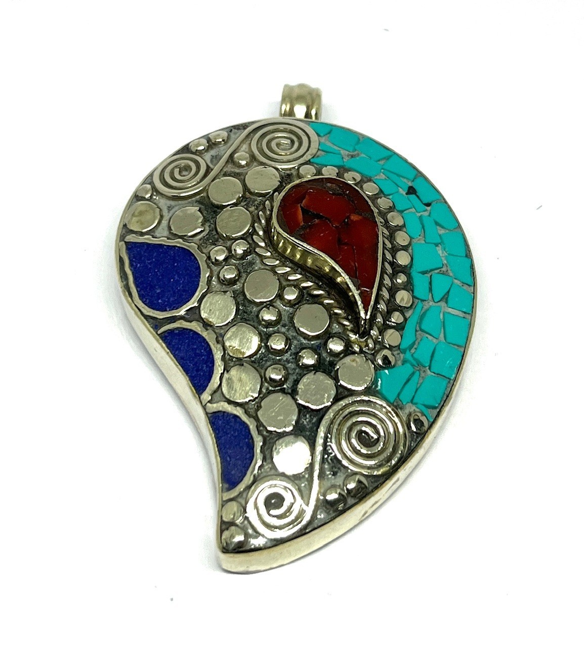 Handmade Turquoise Lapis Gemstone Tibetan Style Boho Pendant Jewelry, 2.2 inc