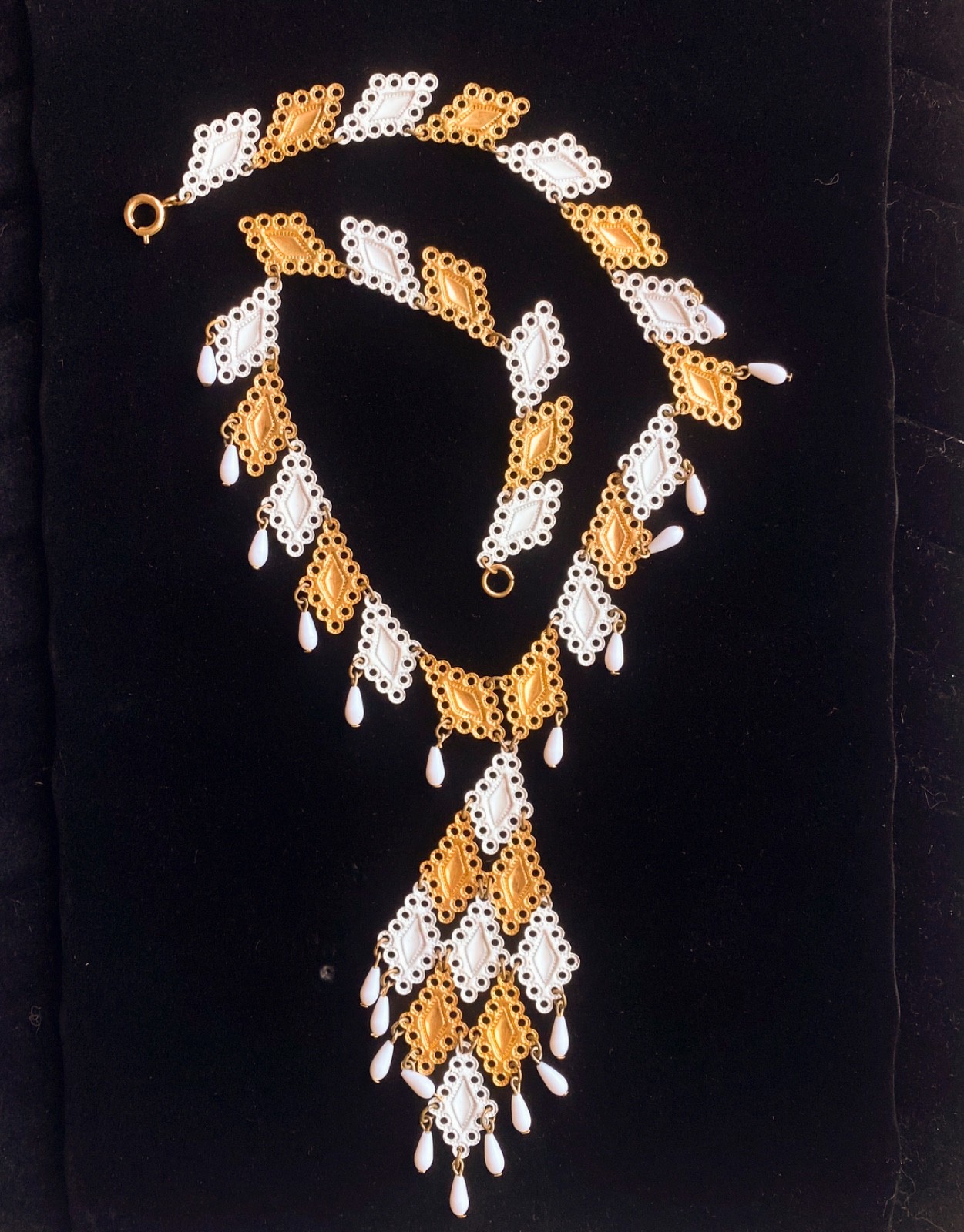 Vintage 60s 70s gold white pendant necklace filigree statement mid century mcm