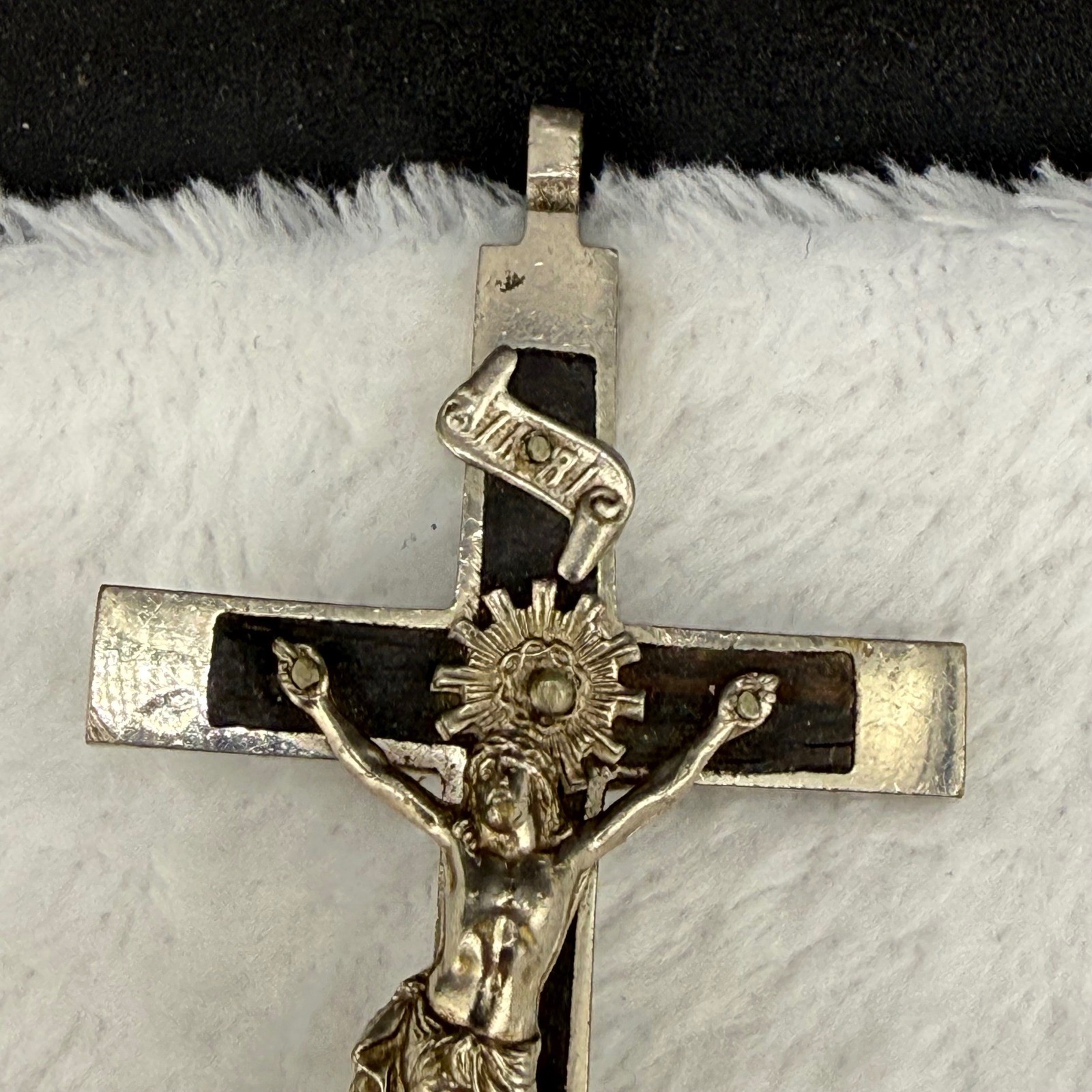Vintage Real Ebony Wood Crucifix Pendant Silver Tone Memento Mori Skull 3″