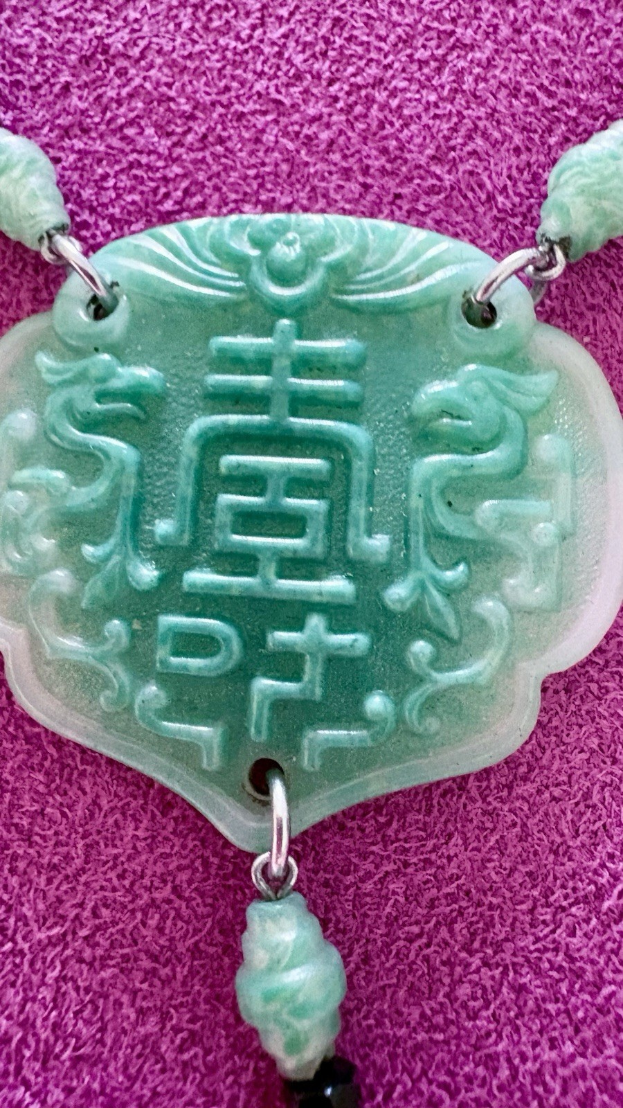 Chinese Style Faux Jade Plastic Pendant Necklace Green Good Fortune Dragon 22″