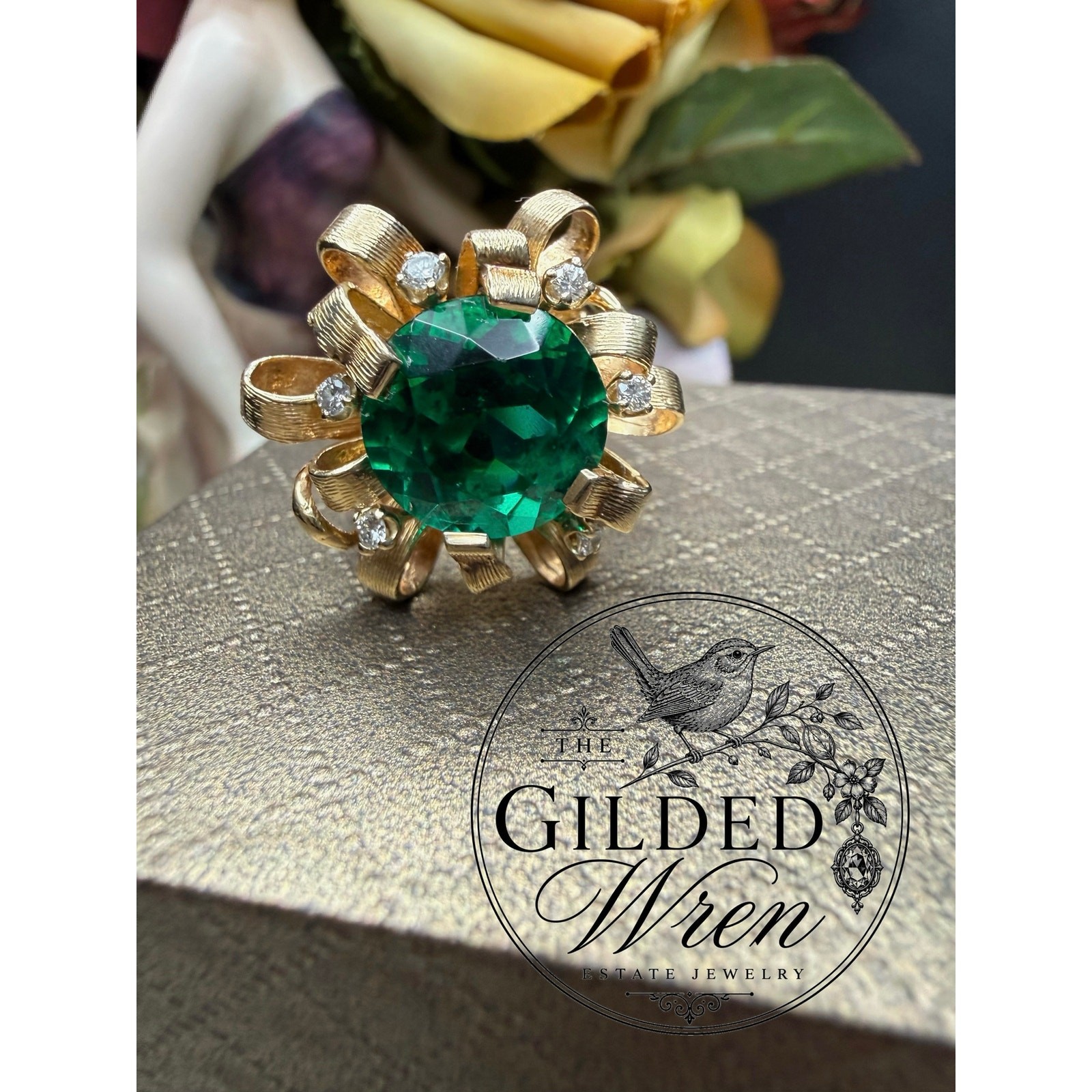 Vintage 14K Gold Hollywood Regency Ribbon Ring | Simulated Emerald 9.28g Sz 6.5