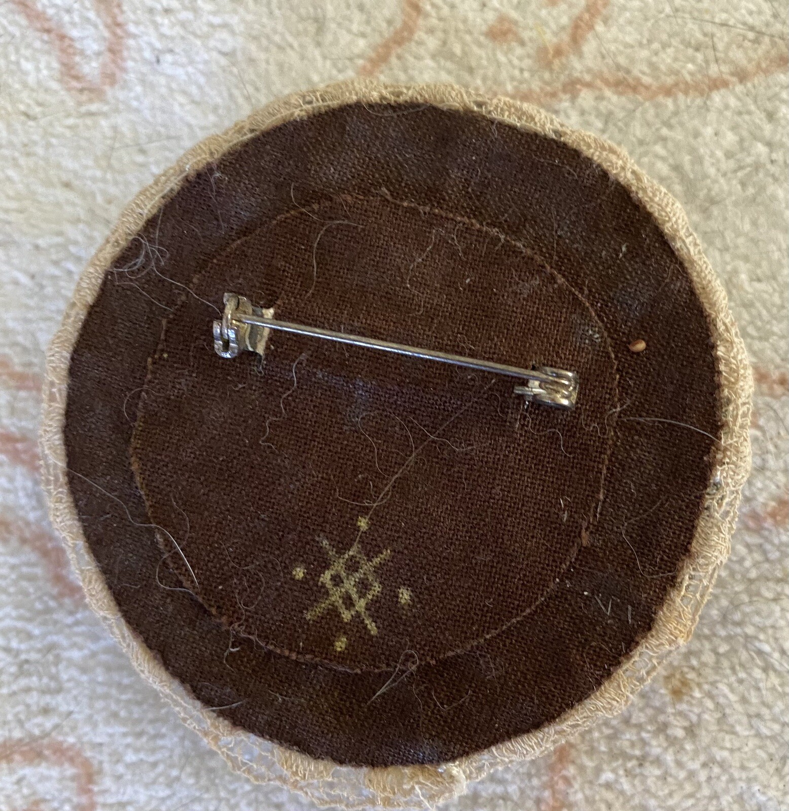Vintage Round Shabby Chic Fabric Lace Edged Pin/Brooch W.Pearl 2.75”.