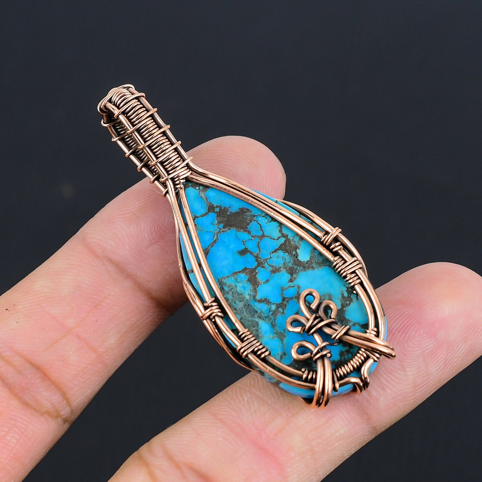 Blue Turquoise Gemstone Copper Wire Wrapped Women Gift Pendant Jewelry LC-318