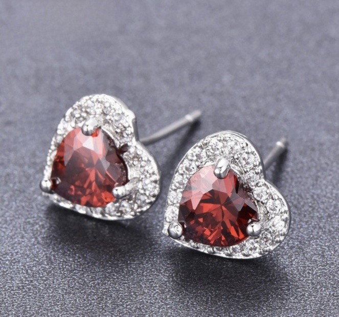 Exquisite Red Garnet CZ Double Heart Ring Size 10 & CZ Halo Heart Earrings Set