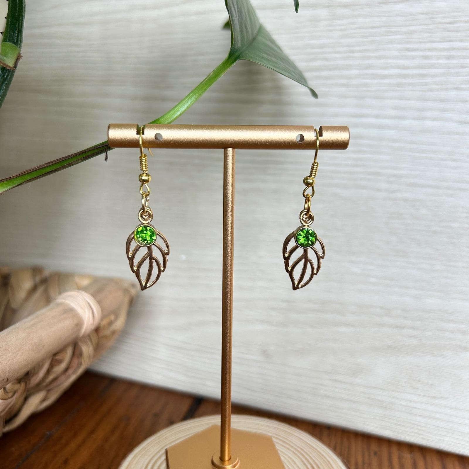 Gold Leaf Dangle Earrings with Green Rhinestone Accent Cute Fashion