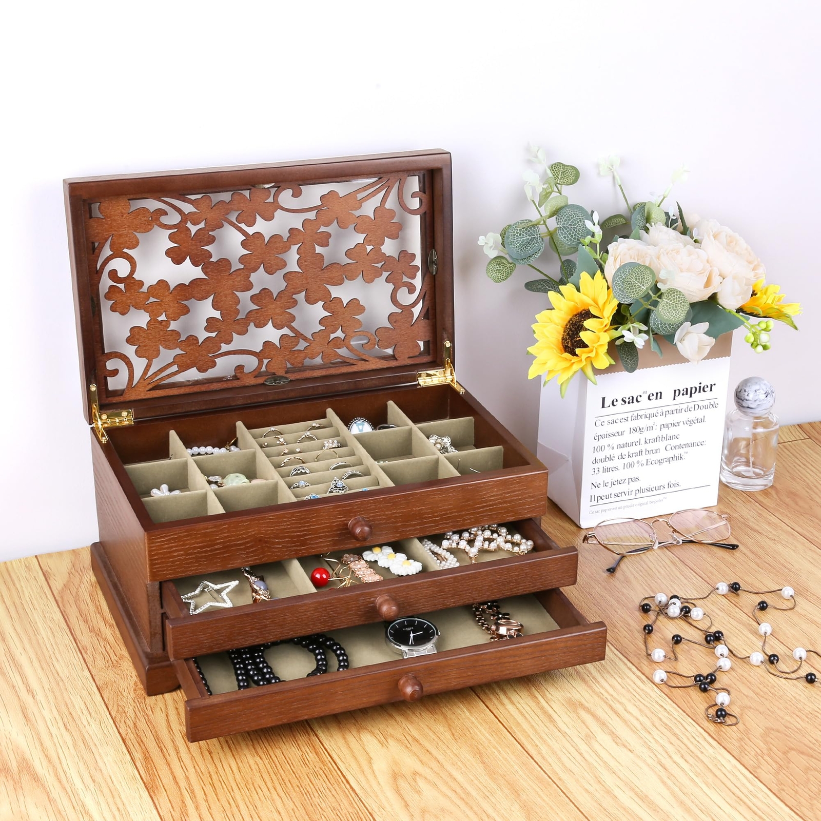 Kendal 3 Layer Wooden Jewelry Box Jewelry Holder Organizer w/ Four Leaf Pattern