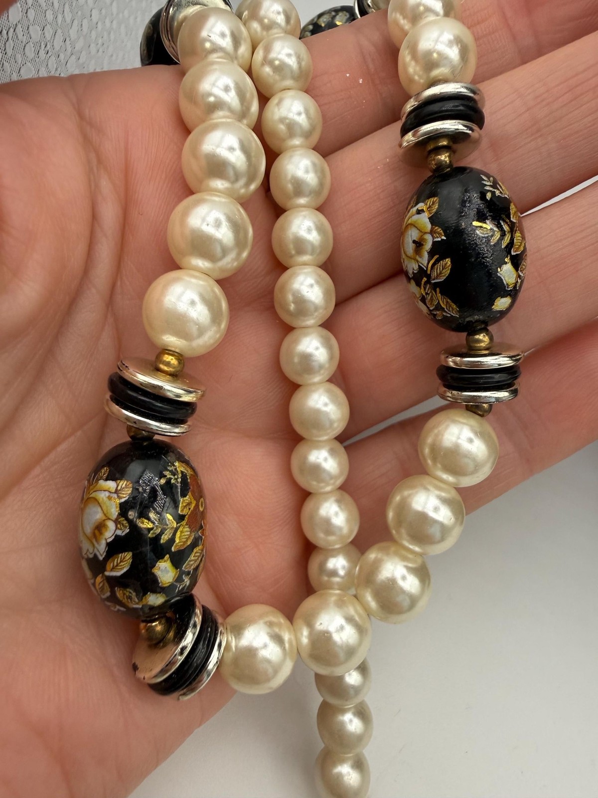 Vintage Faux Pearl Necklace, Black Floral Cloisonné Style Beads, 1980s Statement