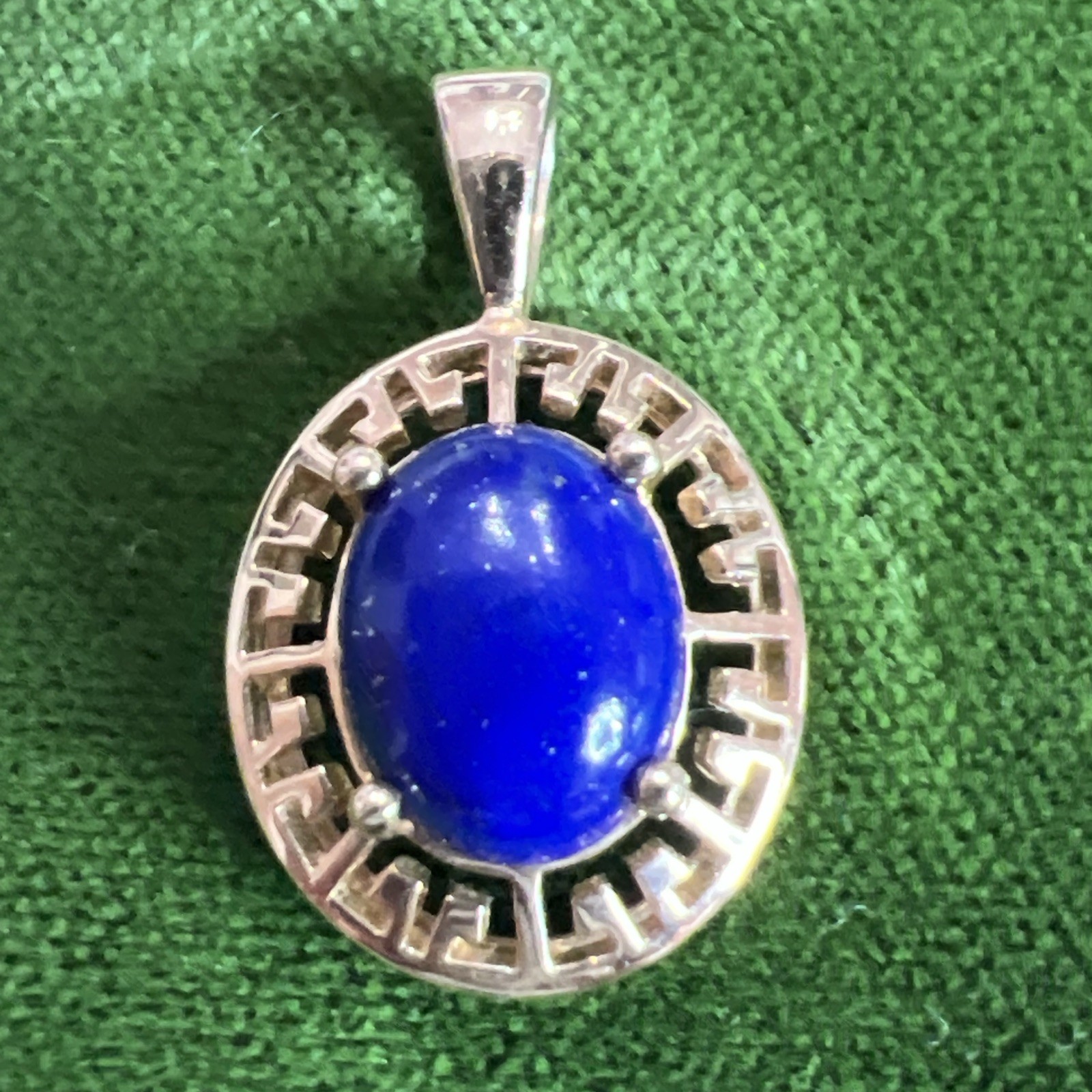 Vintage 14k Yellow Gold Lapis Lazuli Greek Key Oval Pendant