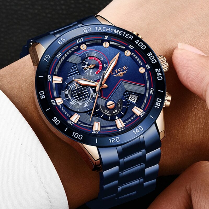 Montre Homme acier inoxydable LIGE Quartz Analogique étanche Lumineux date mode