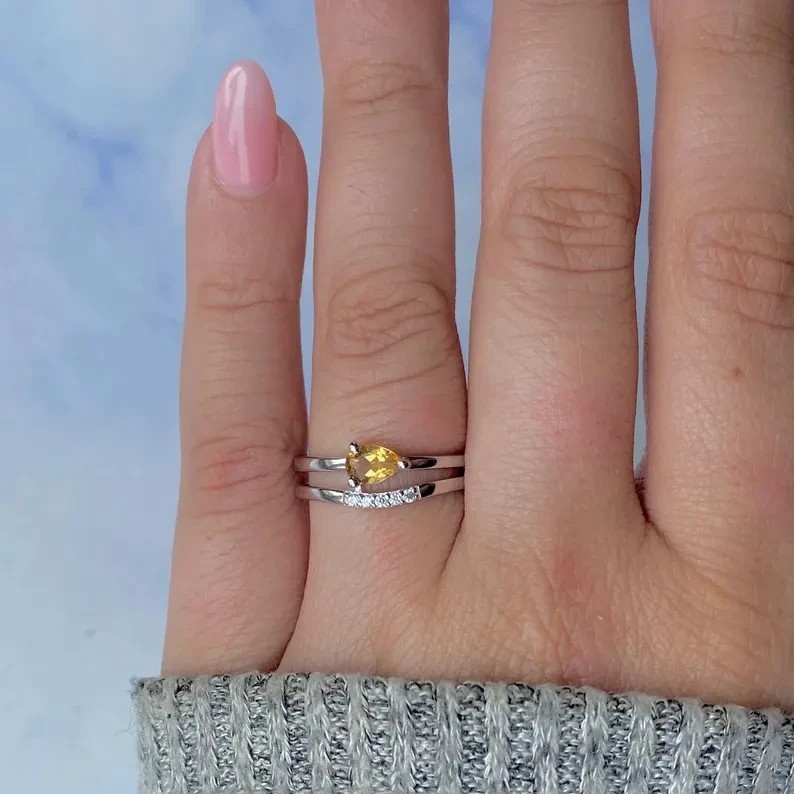2Ct Pear Cut Simulated Yellow Citrine Enhancer Fancy Ring 14K White Gold Plated
