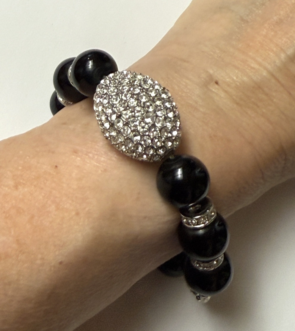 Black Agate & Pave Set Crystals Stretch Bracelet 7.5″ Silver Plated Spacer Beads