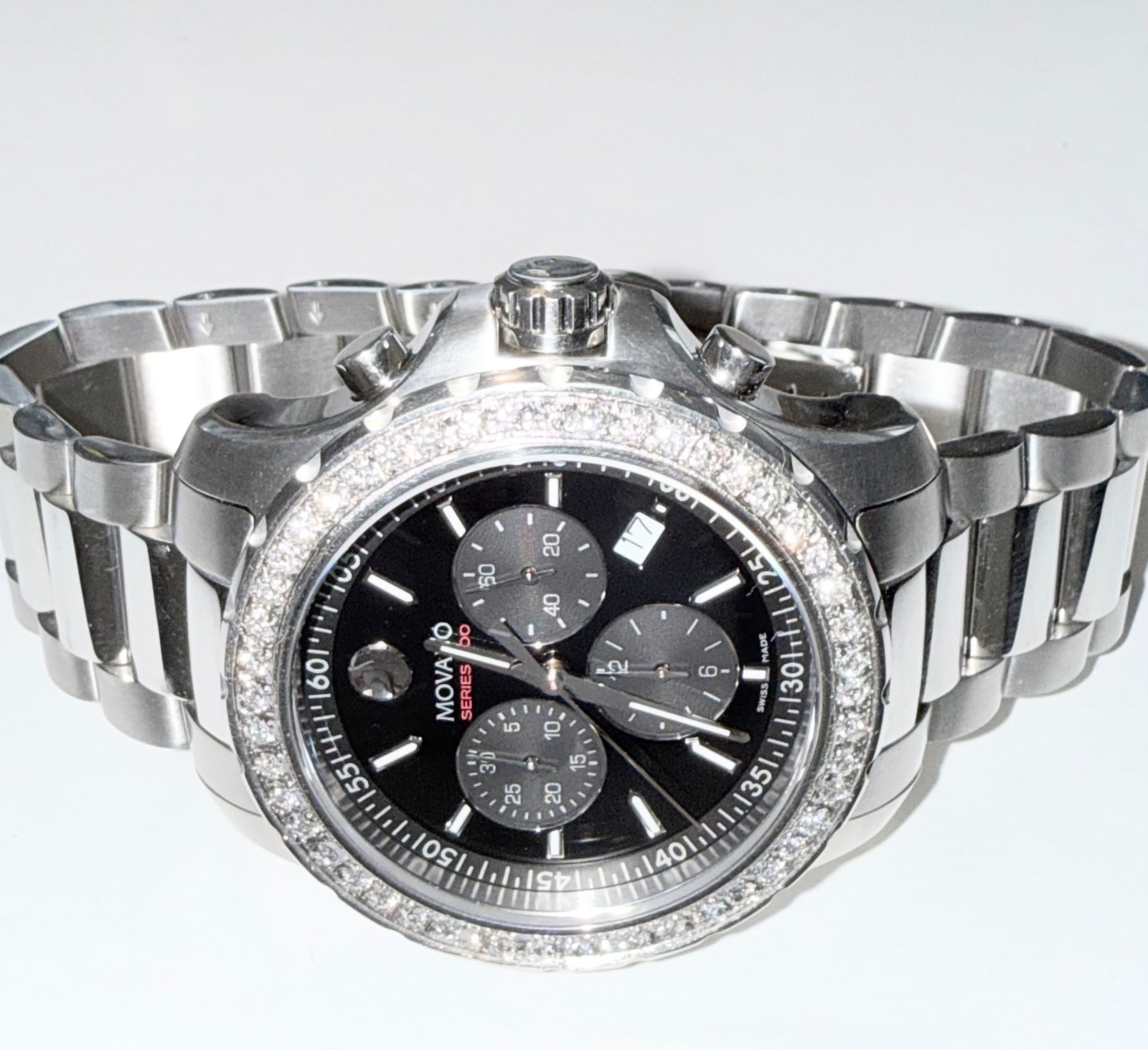 Authentic Movado Men’s Series 800 Chronograph Lab Grown Diamond Black Dial Watch