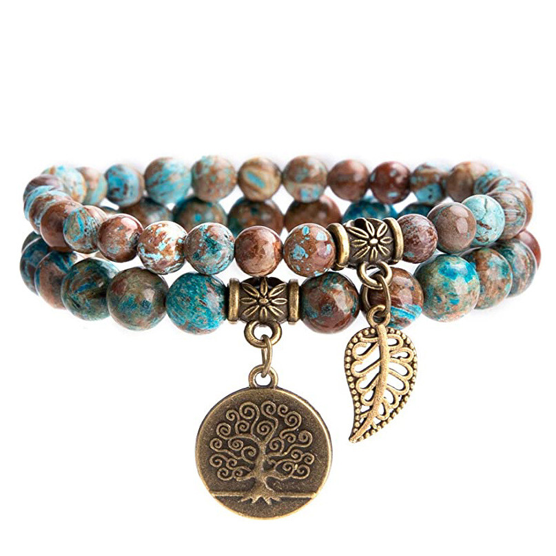 2Pcs Tiger Eye Beaded Bracelets Set Tree of Life Leaf Pendant Men Women Bangle