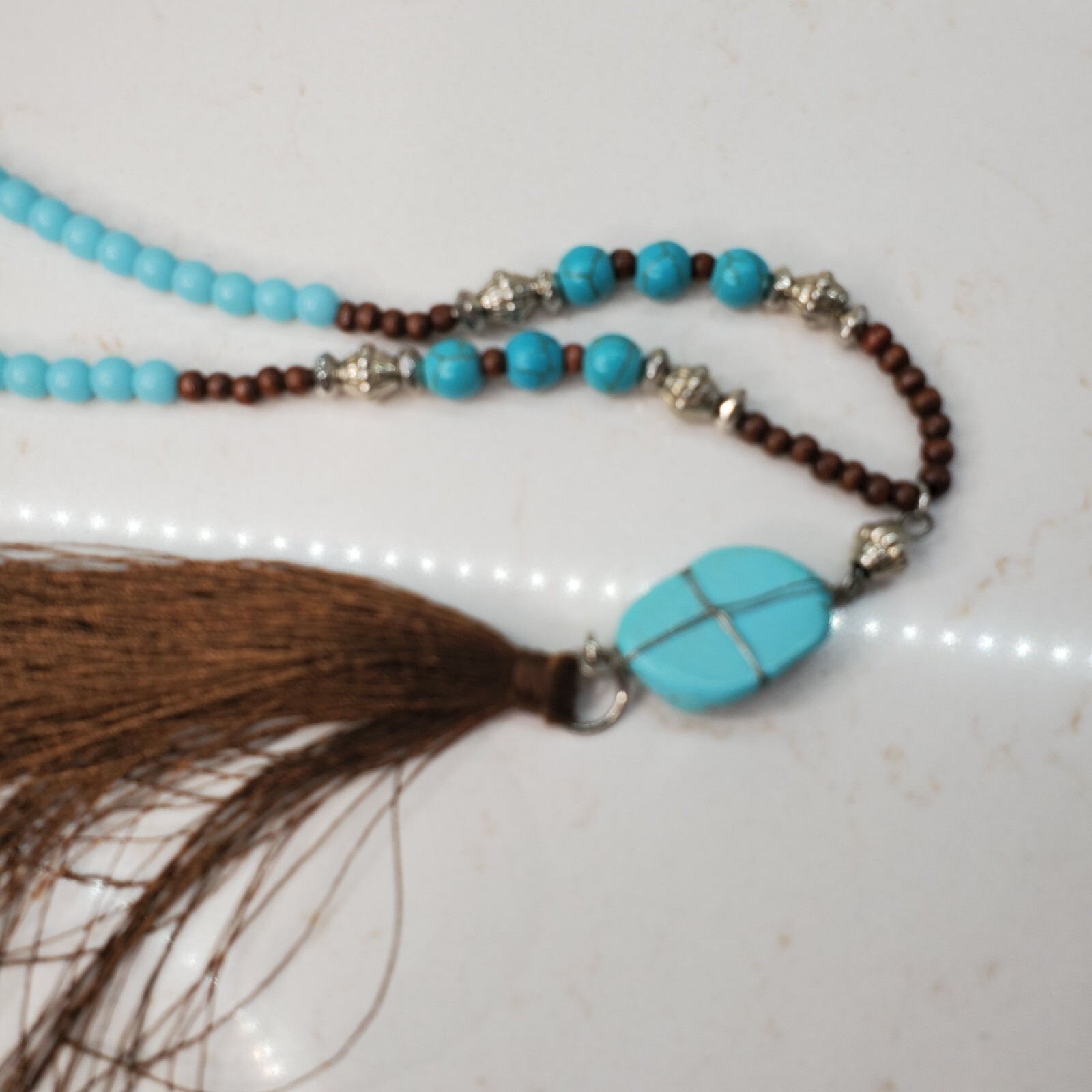 6 Beaded Tassel Necklaces – Wood & Faux Turquoise & Bone & Shell Multicolor Long