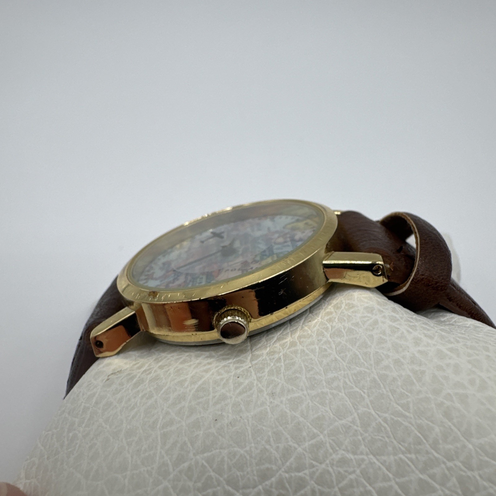 Charming Charlie Ladies World Map Quartz Watch 30mm Round Gold Tone Brown Faux