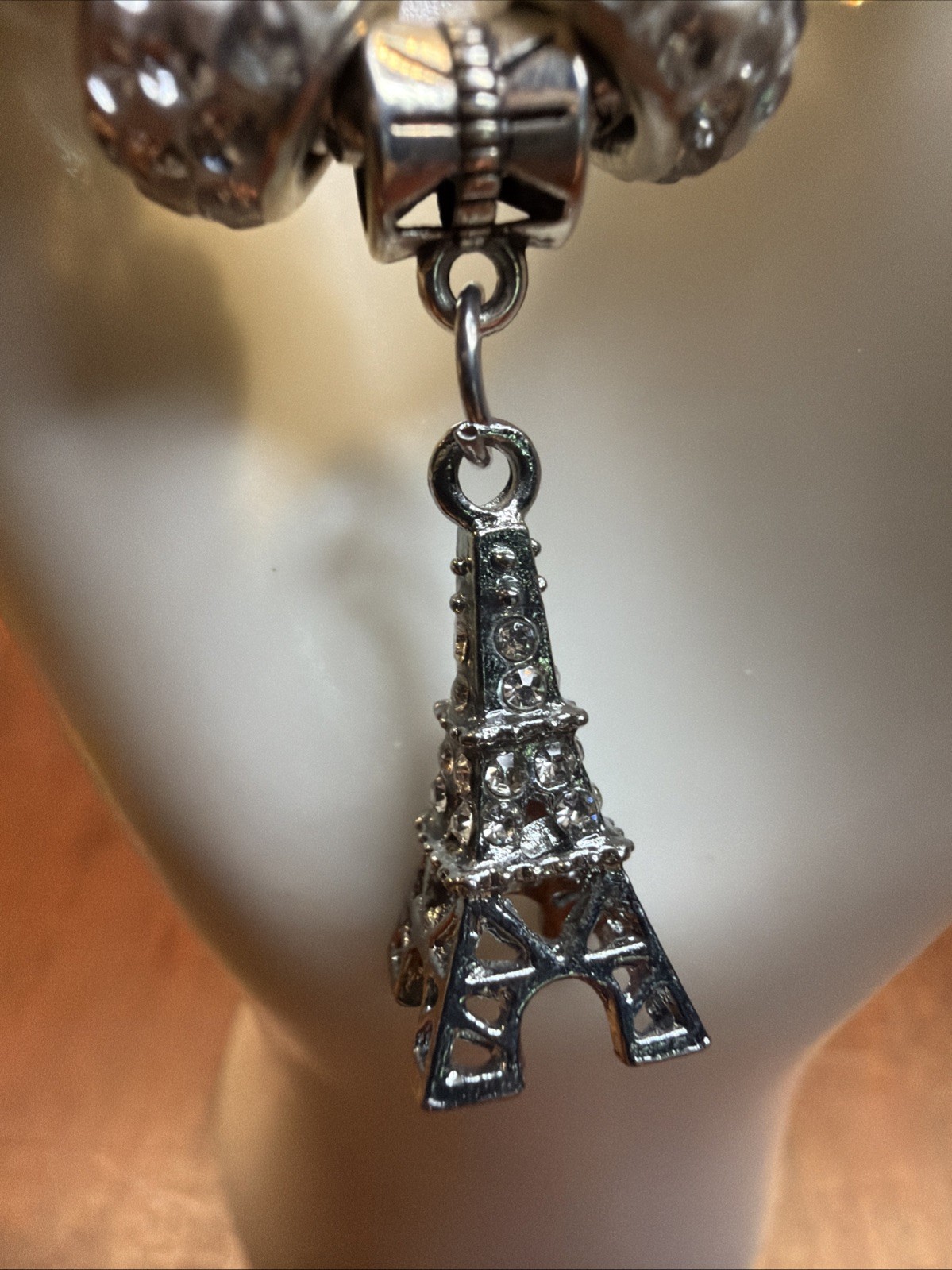 Eiffel Tower Charm Bracelet w/Crystal Beads, Flower & Leaf Designs In Resin