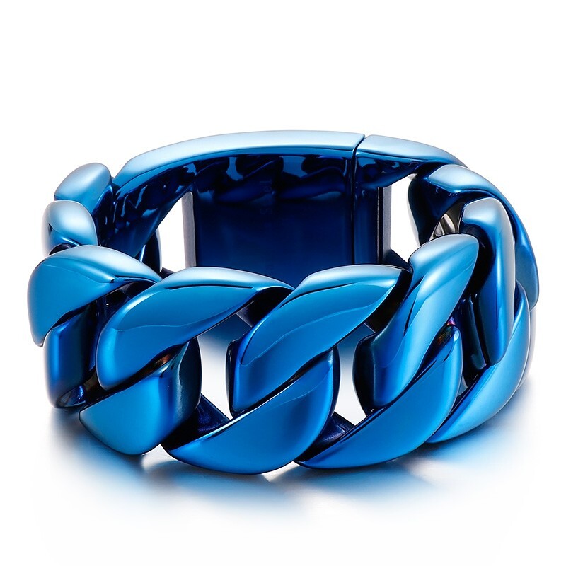 32mm 24cm (9.44”) Large Chunky Cuban Curb Chain Bracelet Stainless Steel Blue