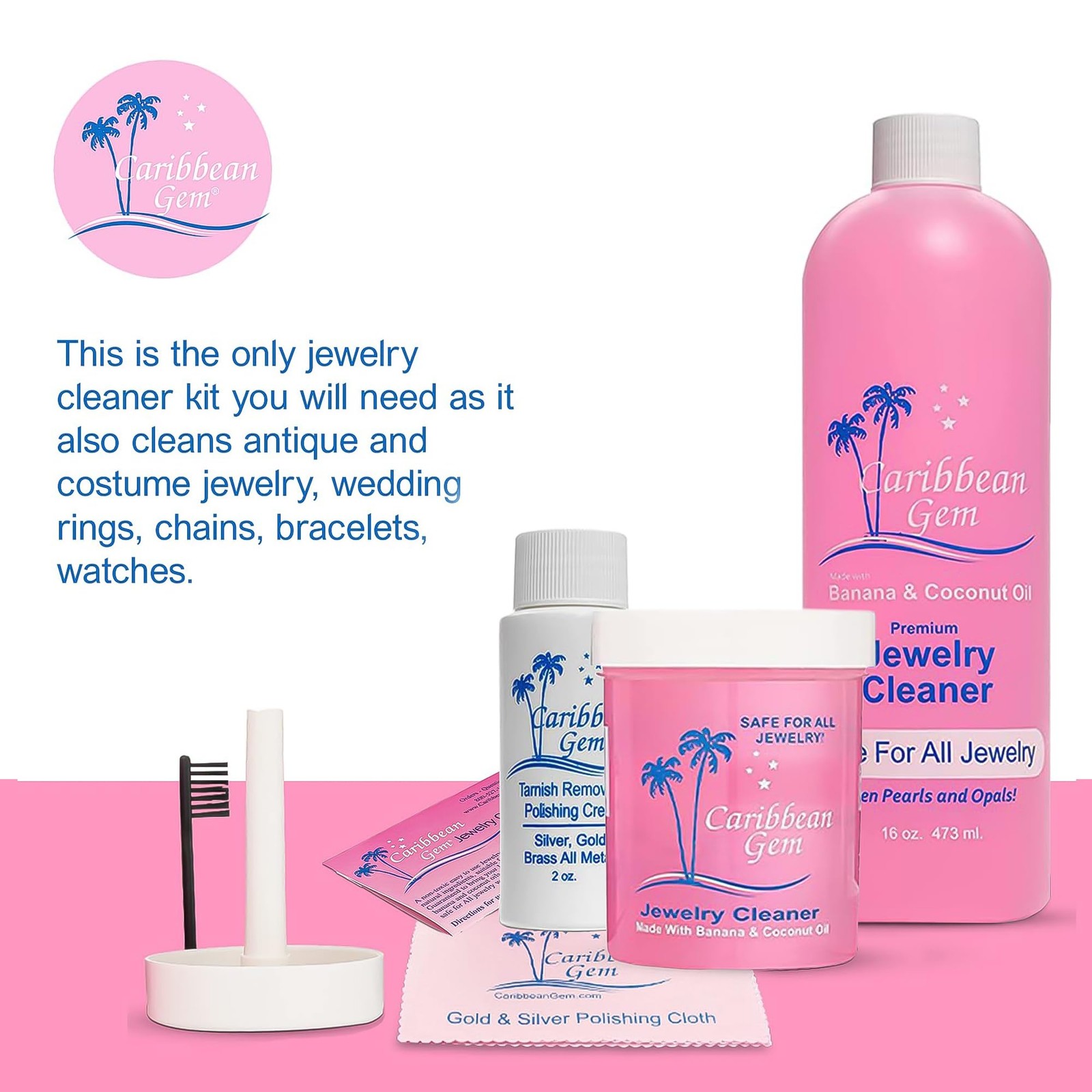 Gem Jewelry Cleaner 16oz & 8oz, Basket, Brush, Polishing Cream & Polishing Cloth