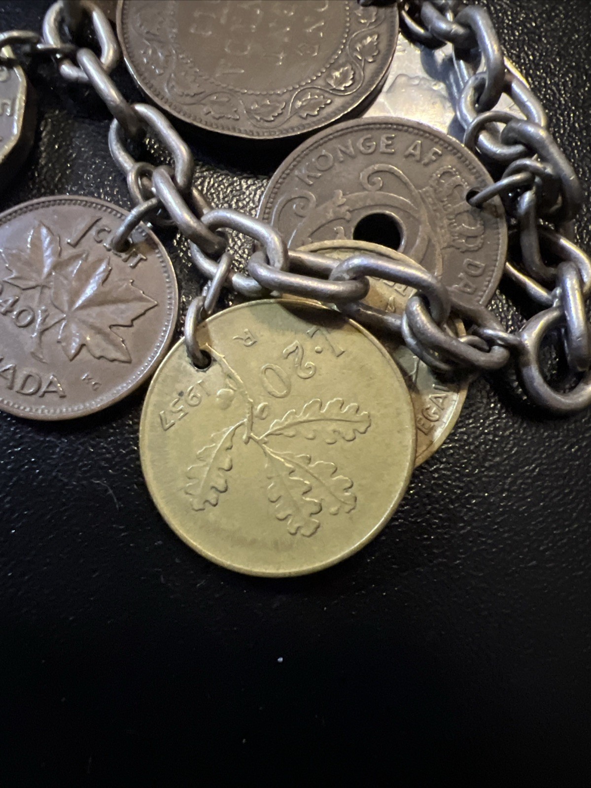 Vintage 835 Continental Silver Coin Charm Bracelet Travel World Coins European