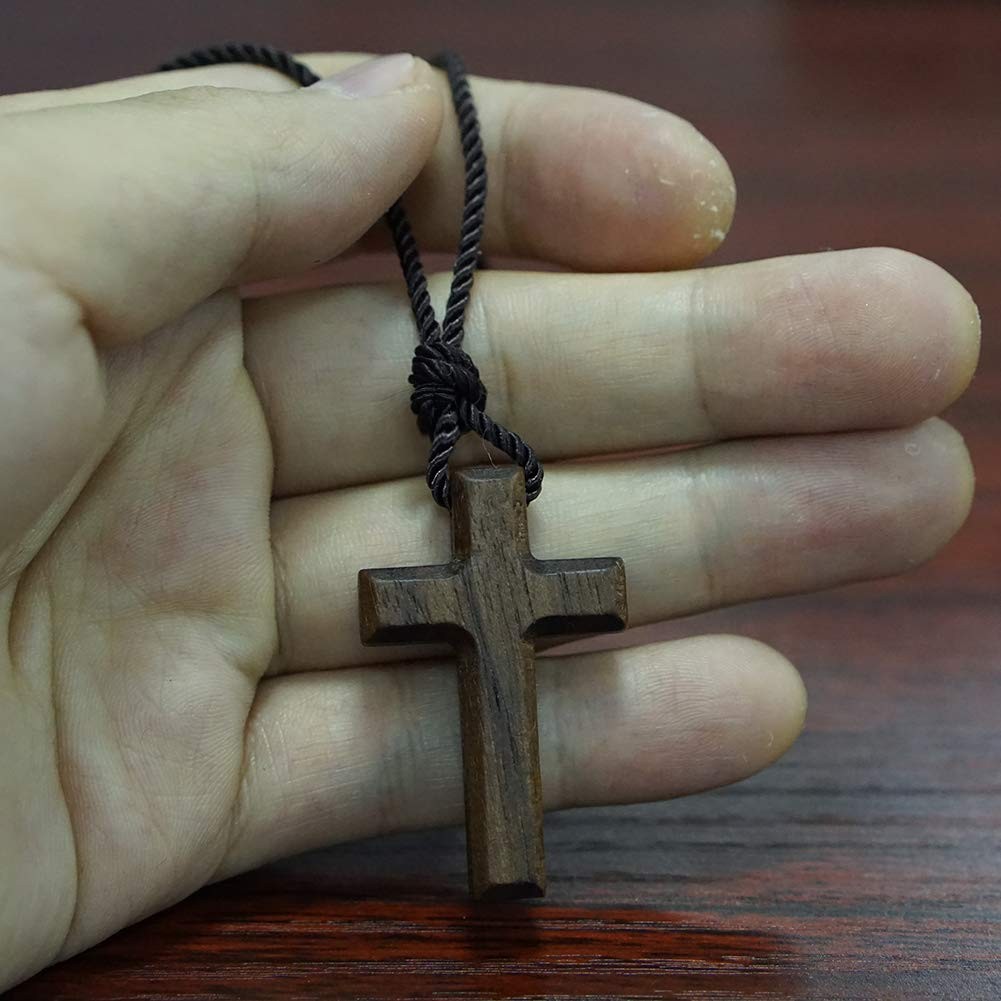 Natural Walnut Wood Cross Pendant Necklace for Men Women Gift Necklace Wooden…