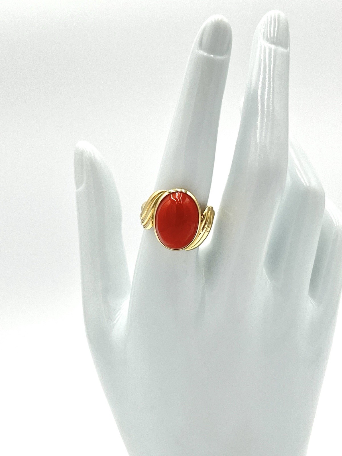 18Kt Gold Mediterranean Red Coral 16mm Cabochon Tower of the Greek Ring M+M