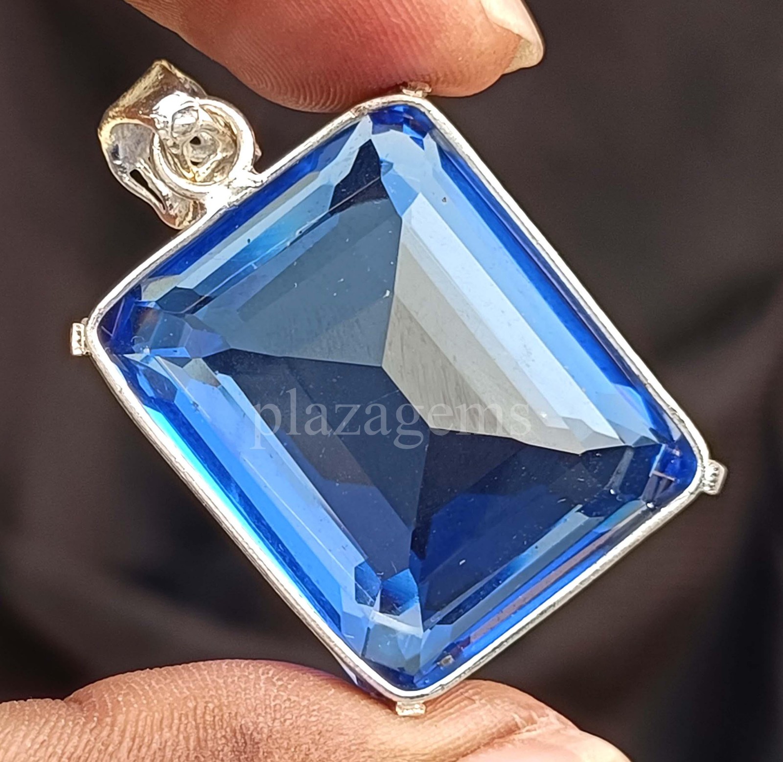 EGL Certified 97.75 Ct Blue Sapphire Emerald Cut Pendant 925 Silver Chain 5NSB
