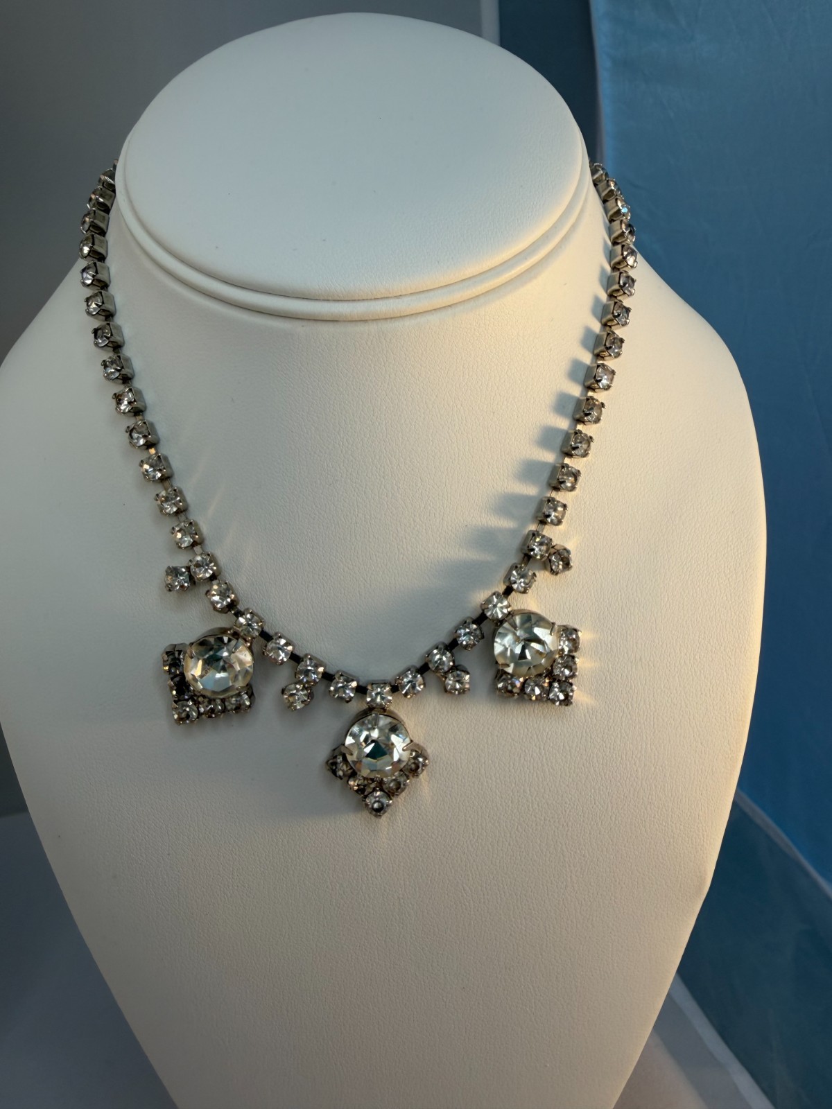 Vintage 50s Rhinestone Statement Choker Necklace Mid-Century Rhodium Plated Prom