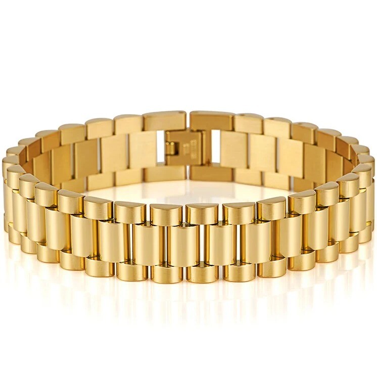 15MM Wide 8/8.86‘’ Watch Chain Wristband Bracelet Gold Plated Stainless Steel