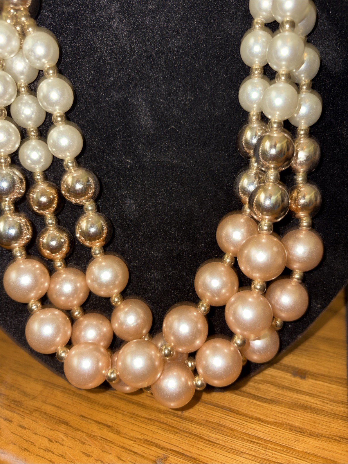 vintage pink champagne&cream faux pearls,multi strand.gold tone accented beads