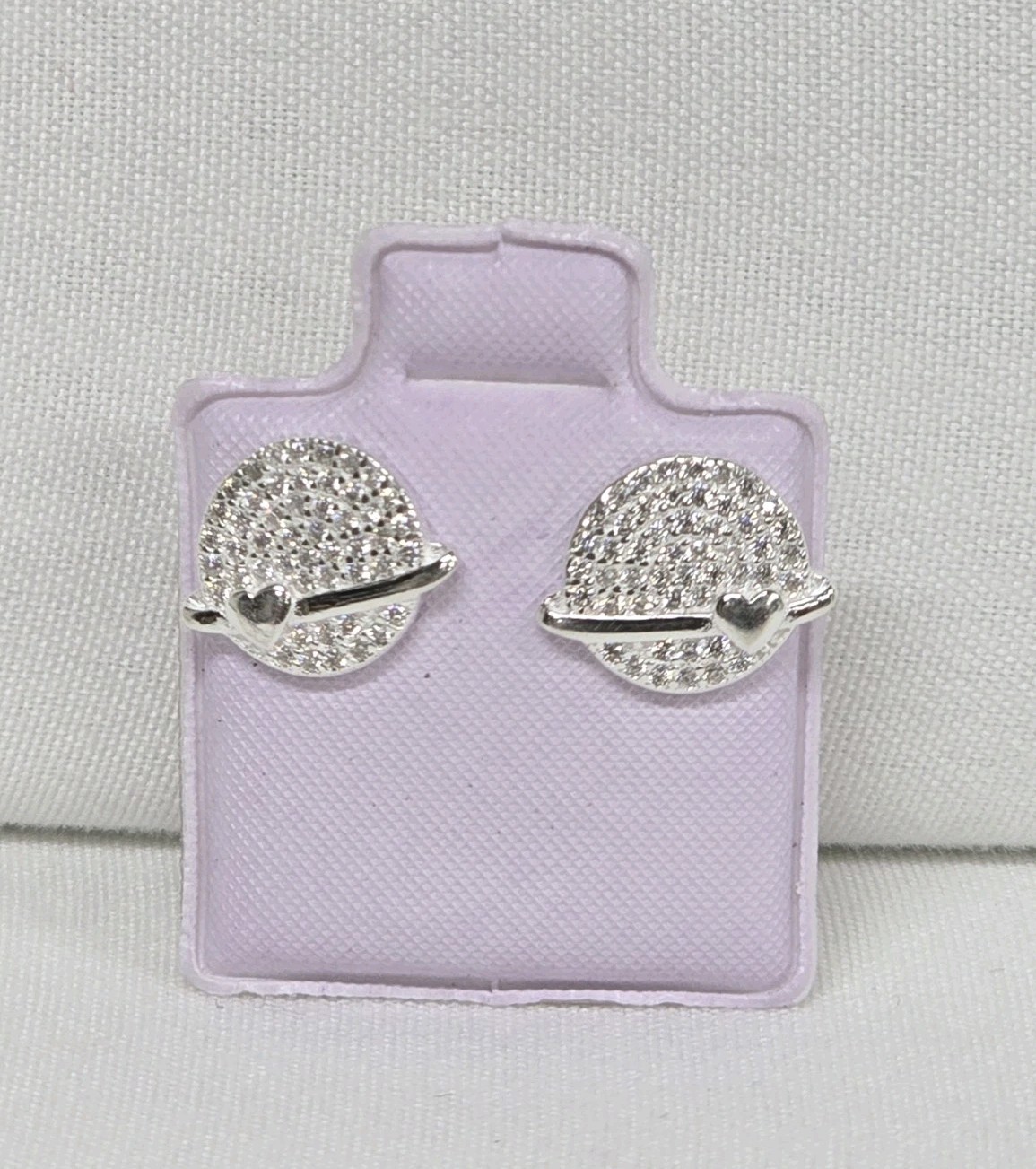 Arete Stud Earrings Plata 925 Mex. Sterling Silver Saturn Planet Design CZ