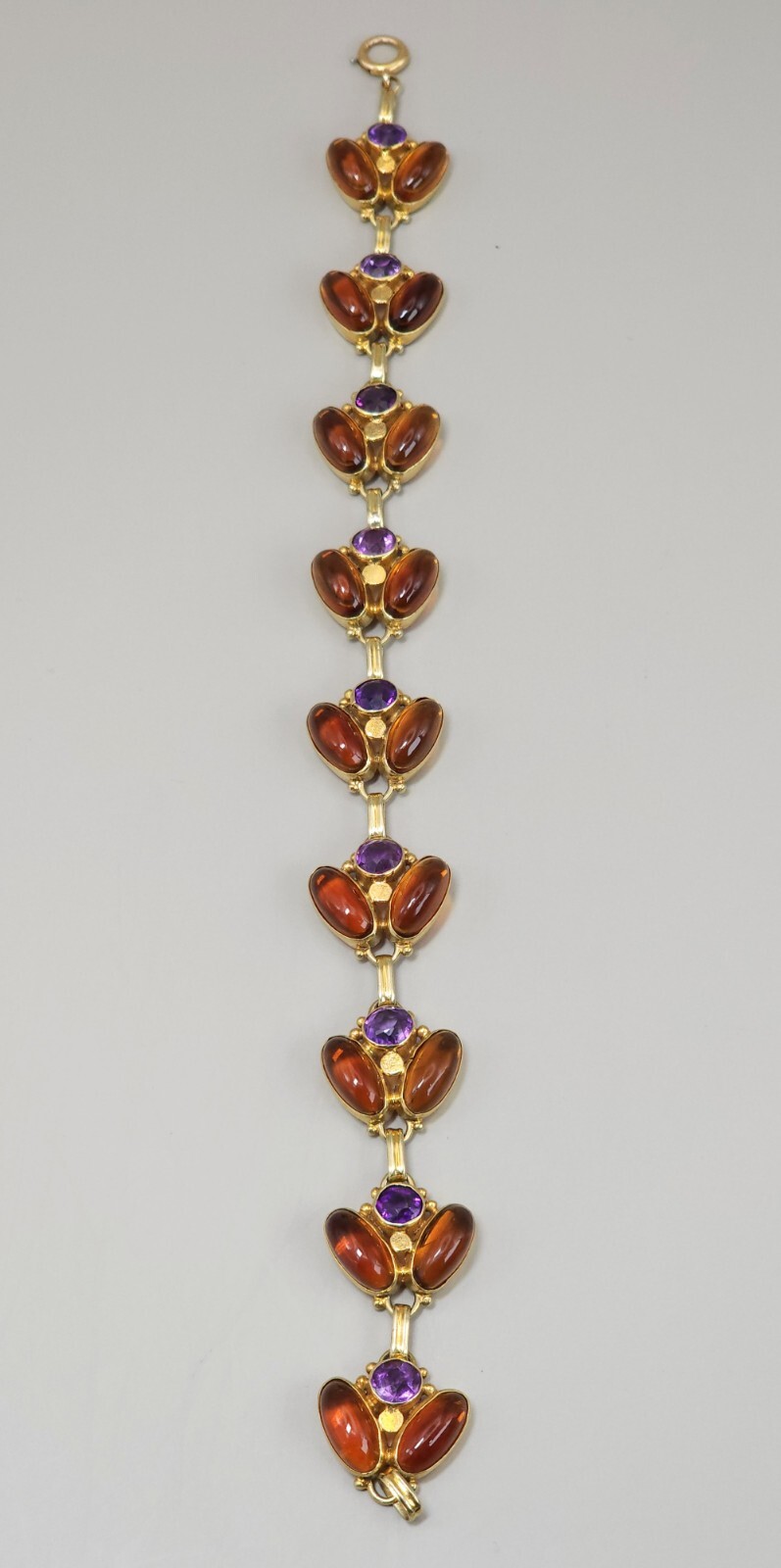 Antique 14k Yellow Gold Natural Amethyst & Amber Handmade Bracelet Leaf 7″ 15g
