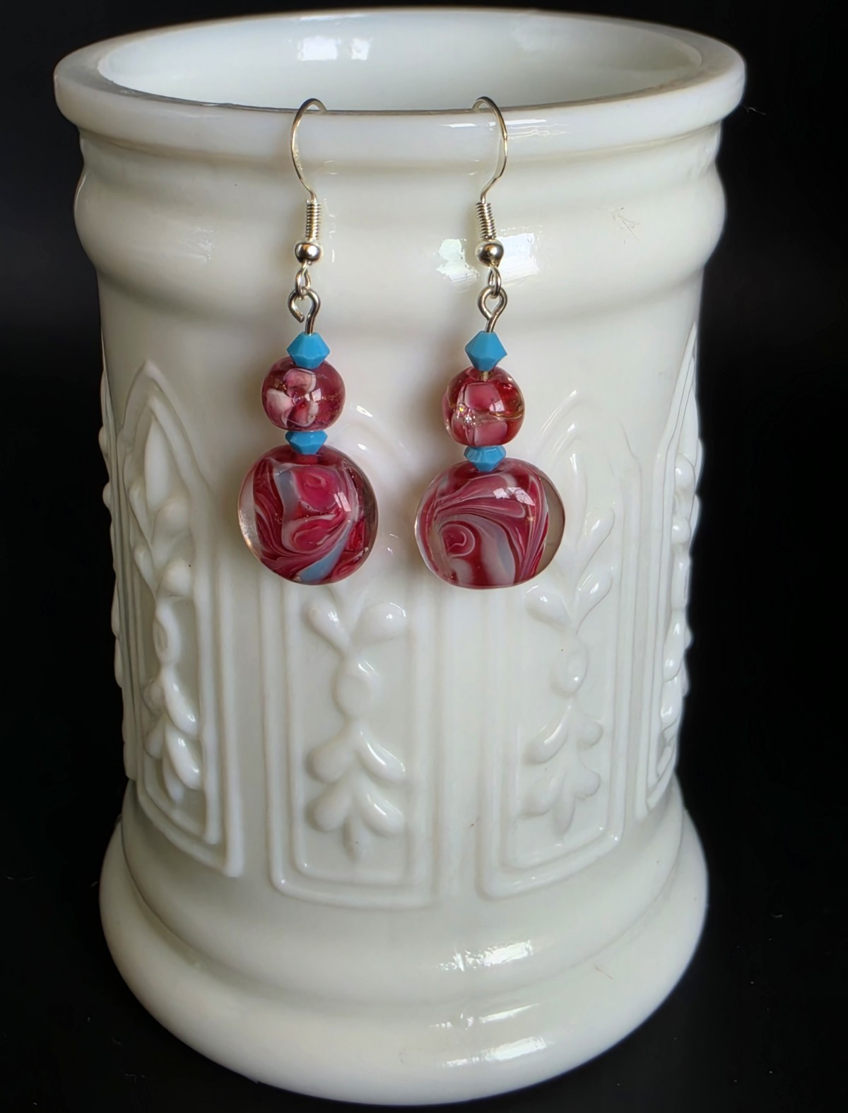 Lampwork Pink Swirl Glass Czech Blue Accent Silver Tone Earrings Handcrafted
