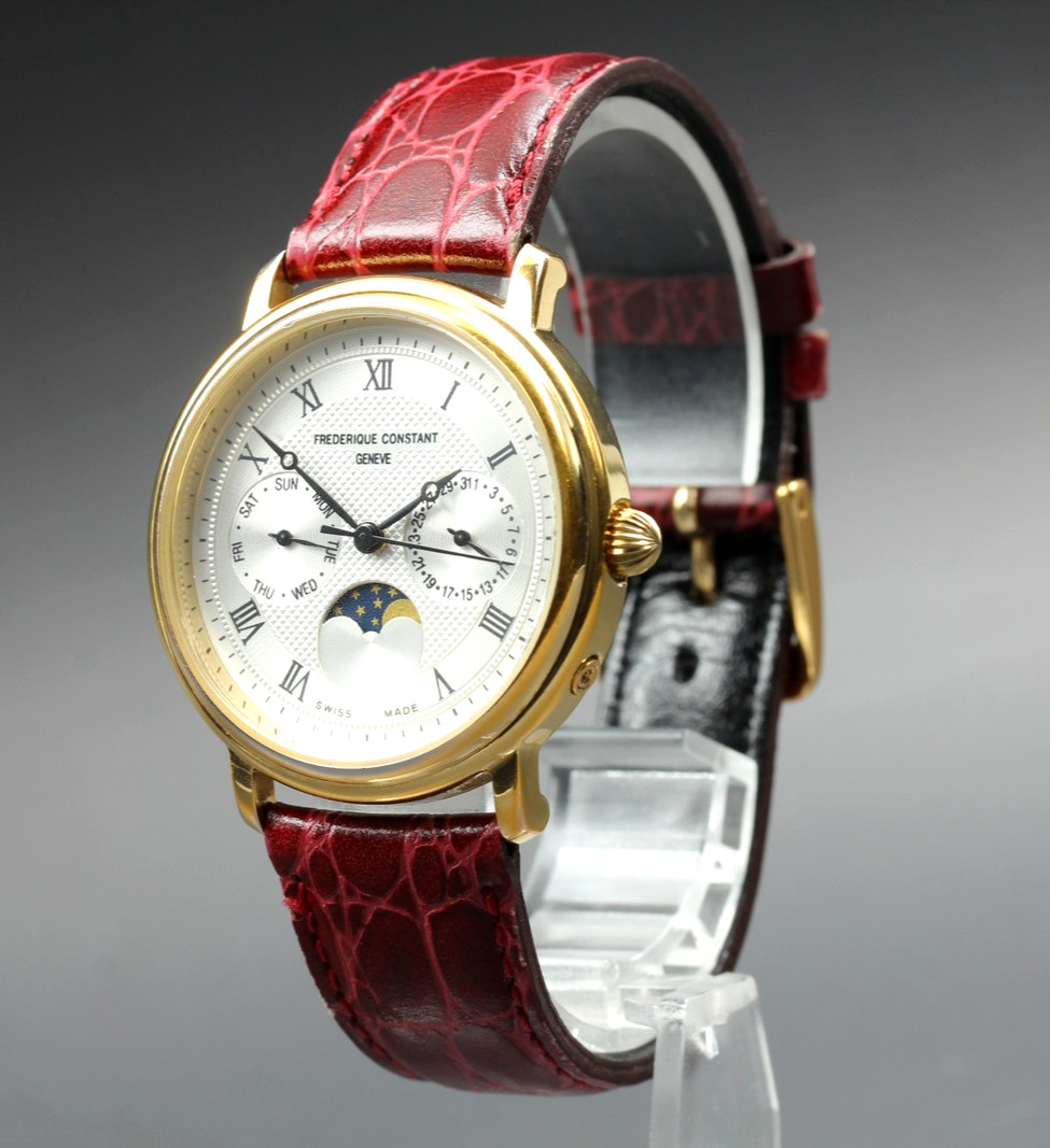 Vintage Frederique Constant Geneve Moon Phase Gold Men’s Quartz Watch [N MINT]