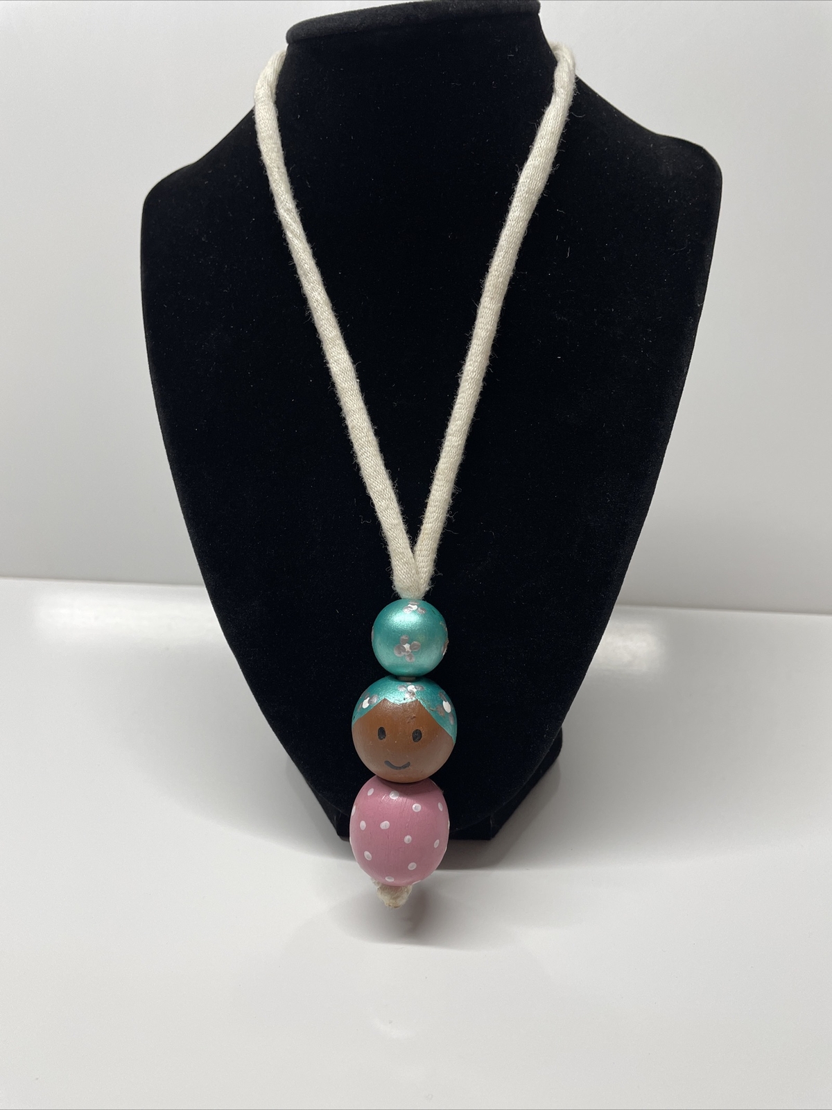 Vintage wooden handmade doll necklace hand painted Beads Pink Aqua Blue