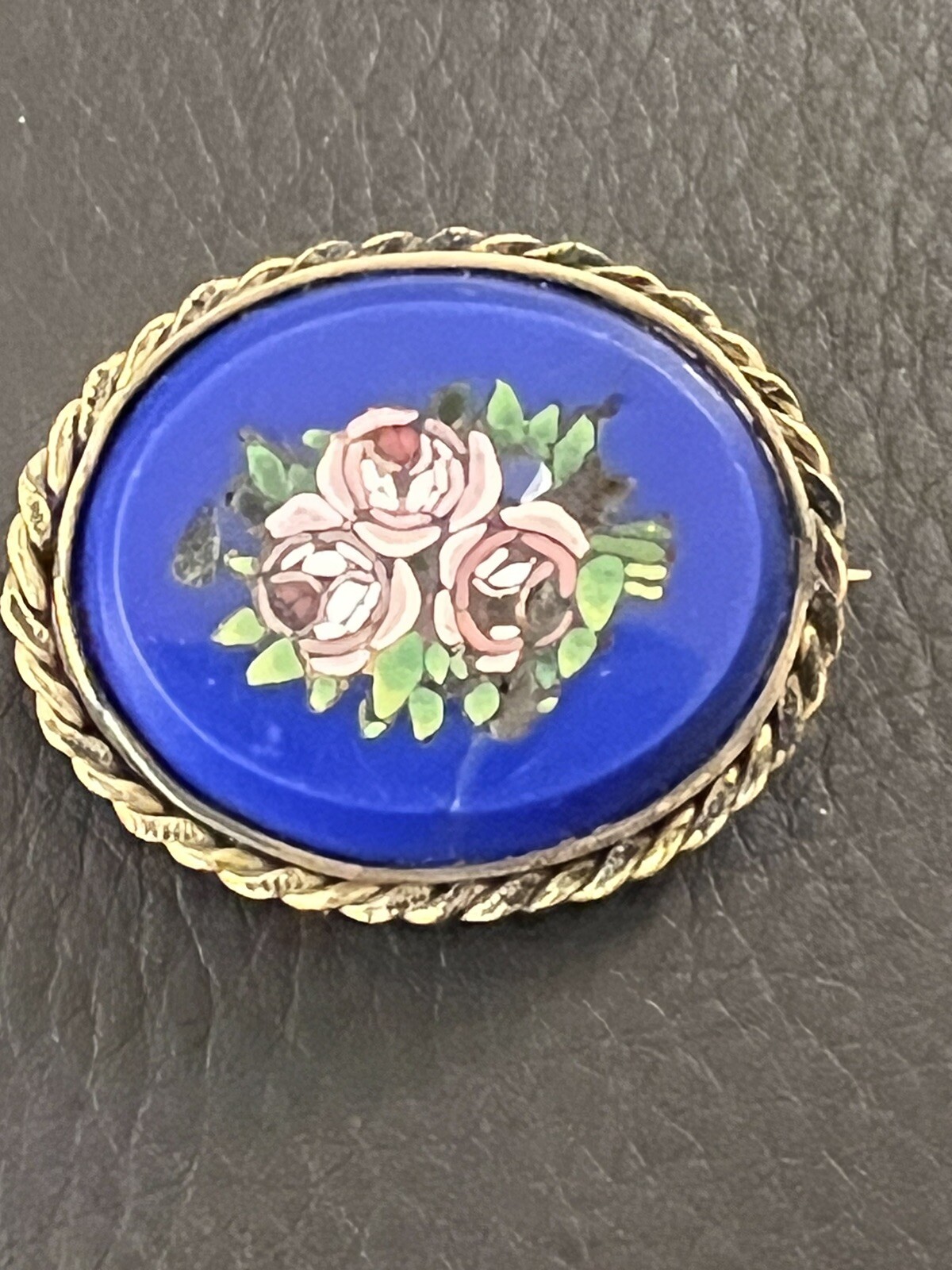 Antique Italian Pietra Dura Mosaic Inlay Pink Rose W Blue Gold Filled Pin Brooch