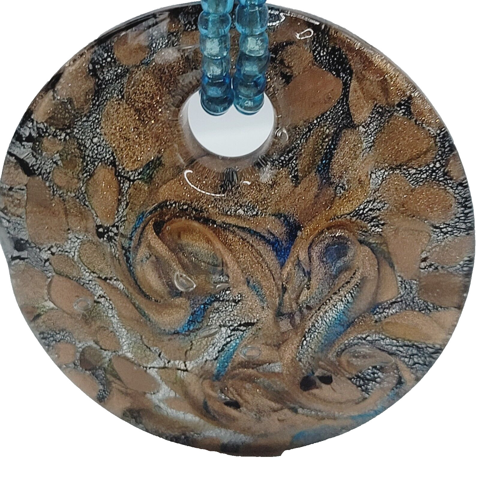 8 Strand Seed Beed Necklace with Metallic Foiled Large Round Art Glass Pendant