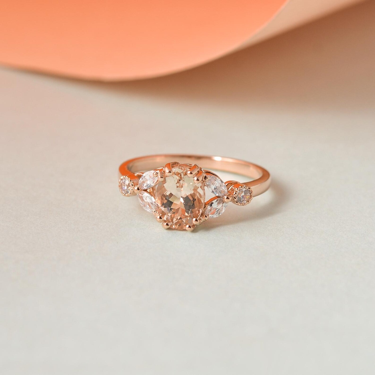 Morganite & Moissanite Wedding Ring Yellow Gold Plated 925 Silver Promise Ring