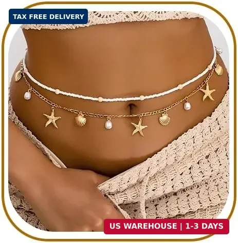 Gold Starfish Waist Chain for Women 2Pcs Adjustable Layered Belly Chain Bohemian