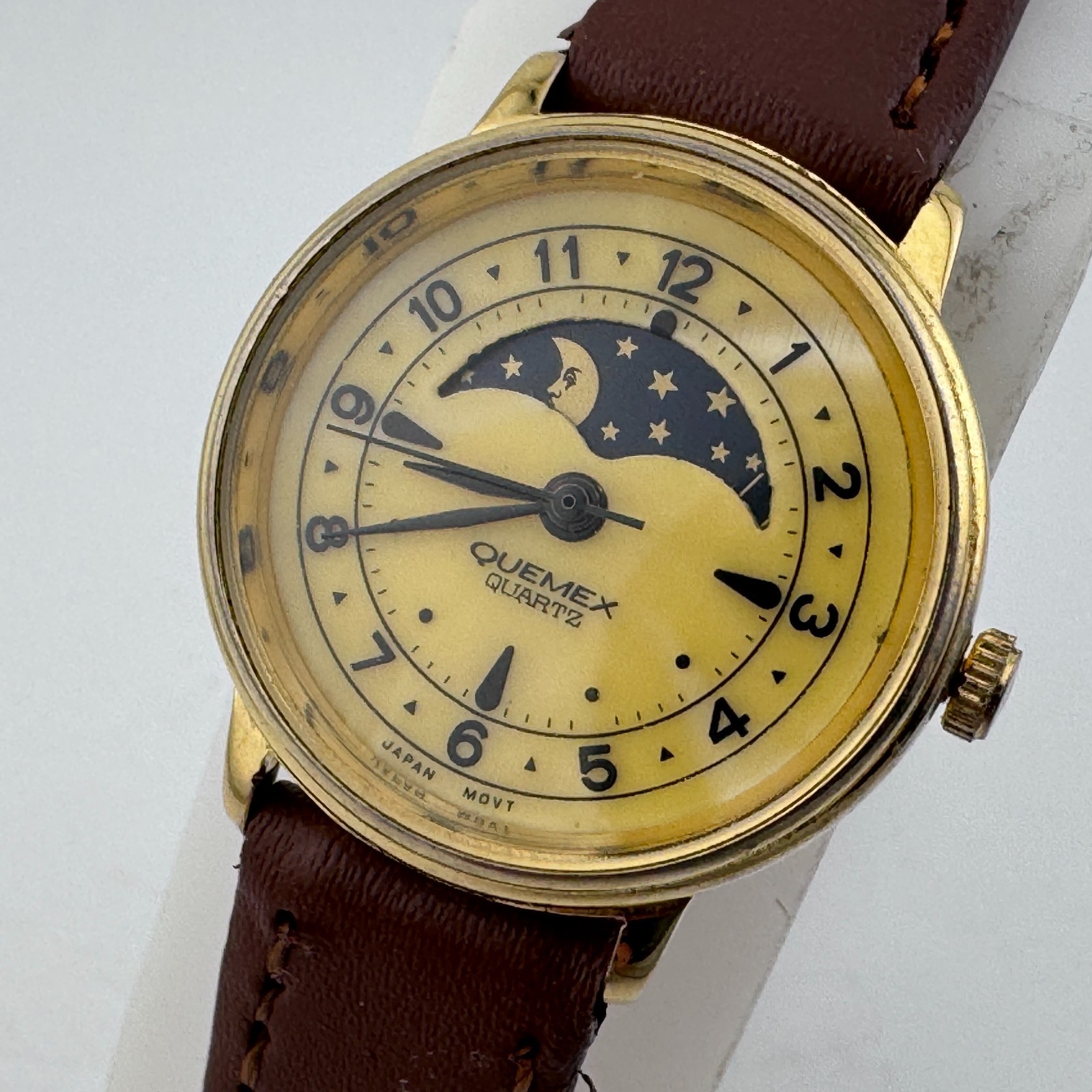 VTG Quemex Quartz Watch Women Moon Phase Gold Tone Leather Analog New Battery