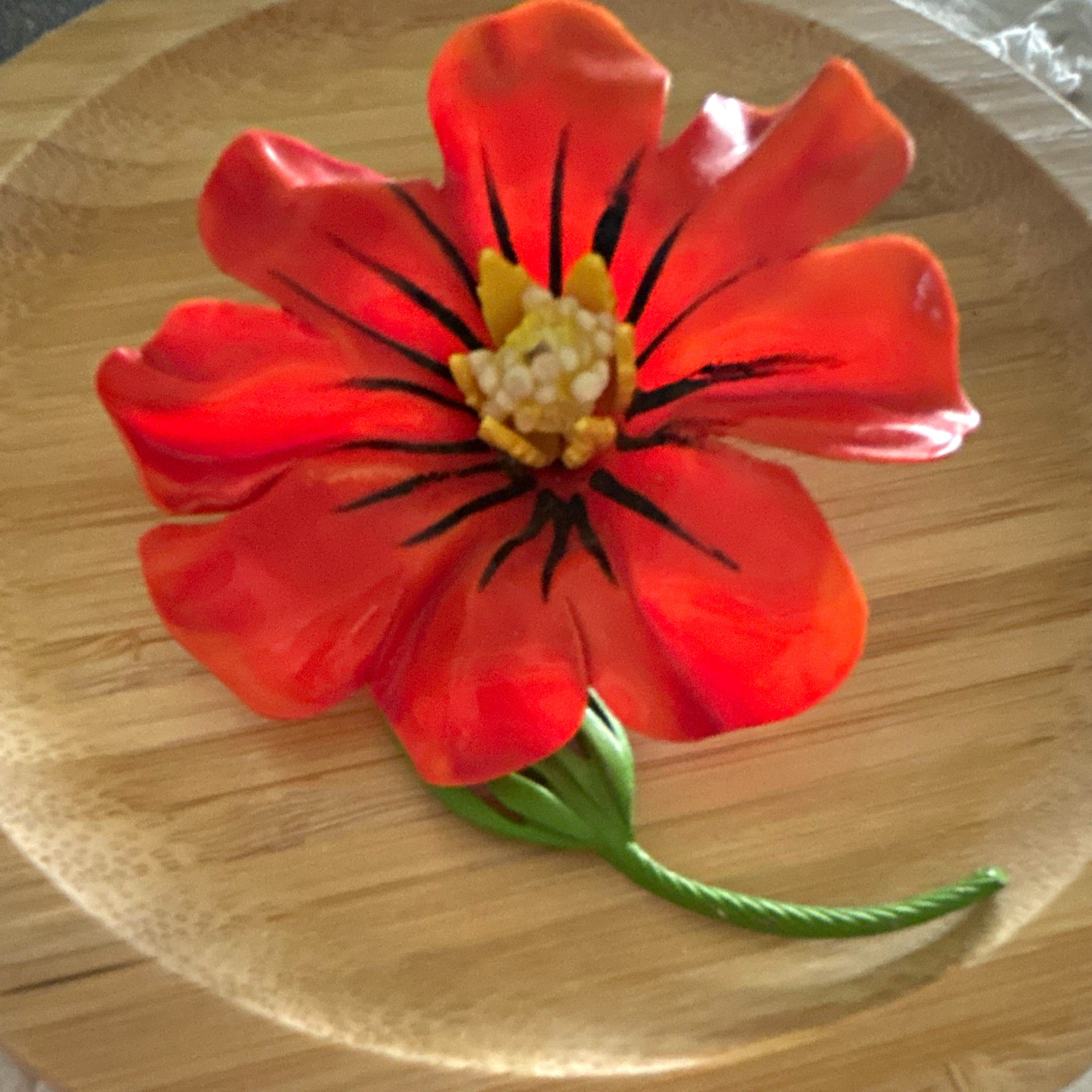 Vintage Red & Green Delicate Plastic Flower Brooch Pin Yellow & Black Accents